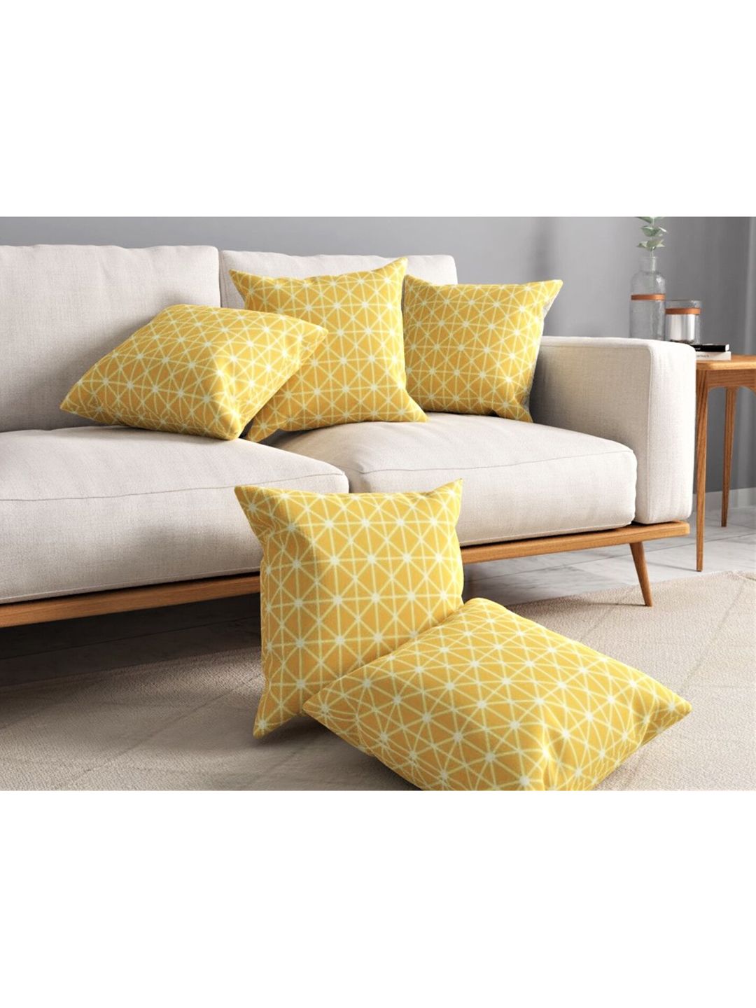 URBAN SPACE Yellow & White Pack of 3 Printed Square Cushion Covers Price in India
