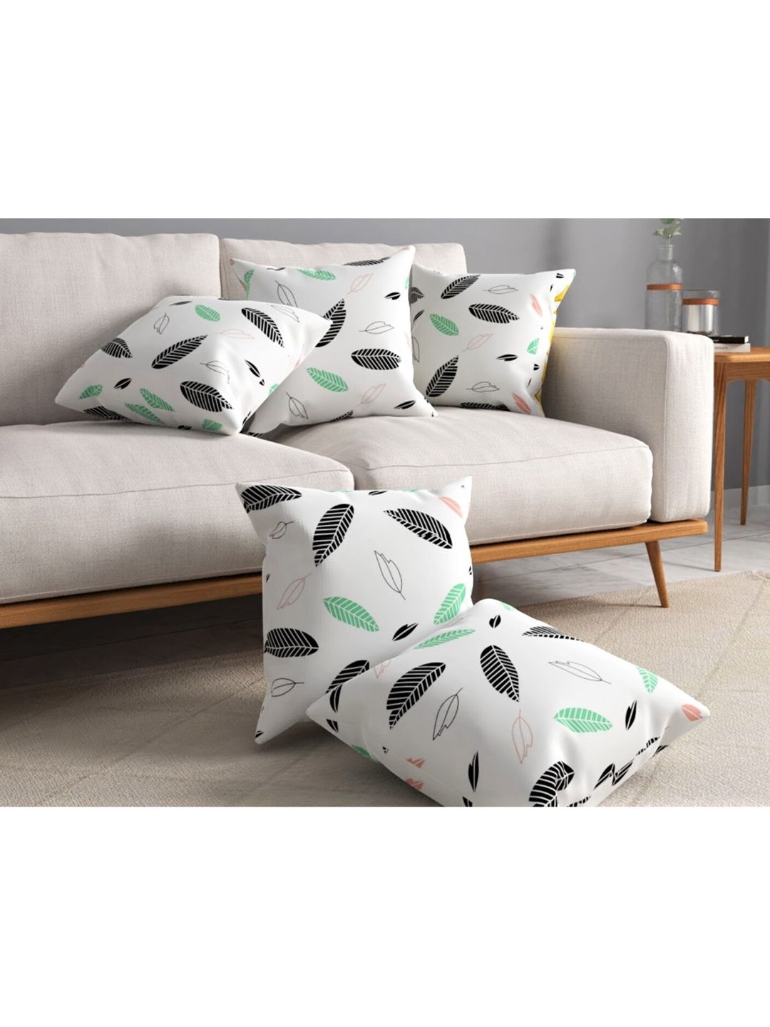 URBAN SPACE White & Green Pack of 3 Printed Square Cushion Covers Price in India