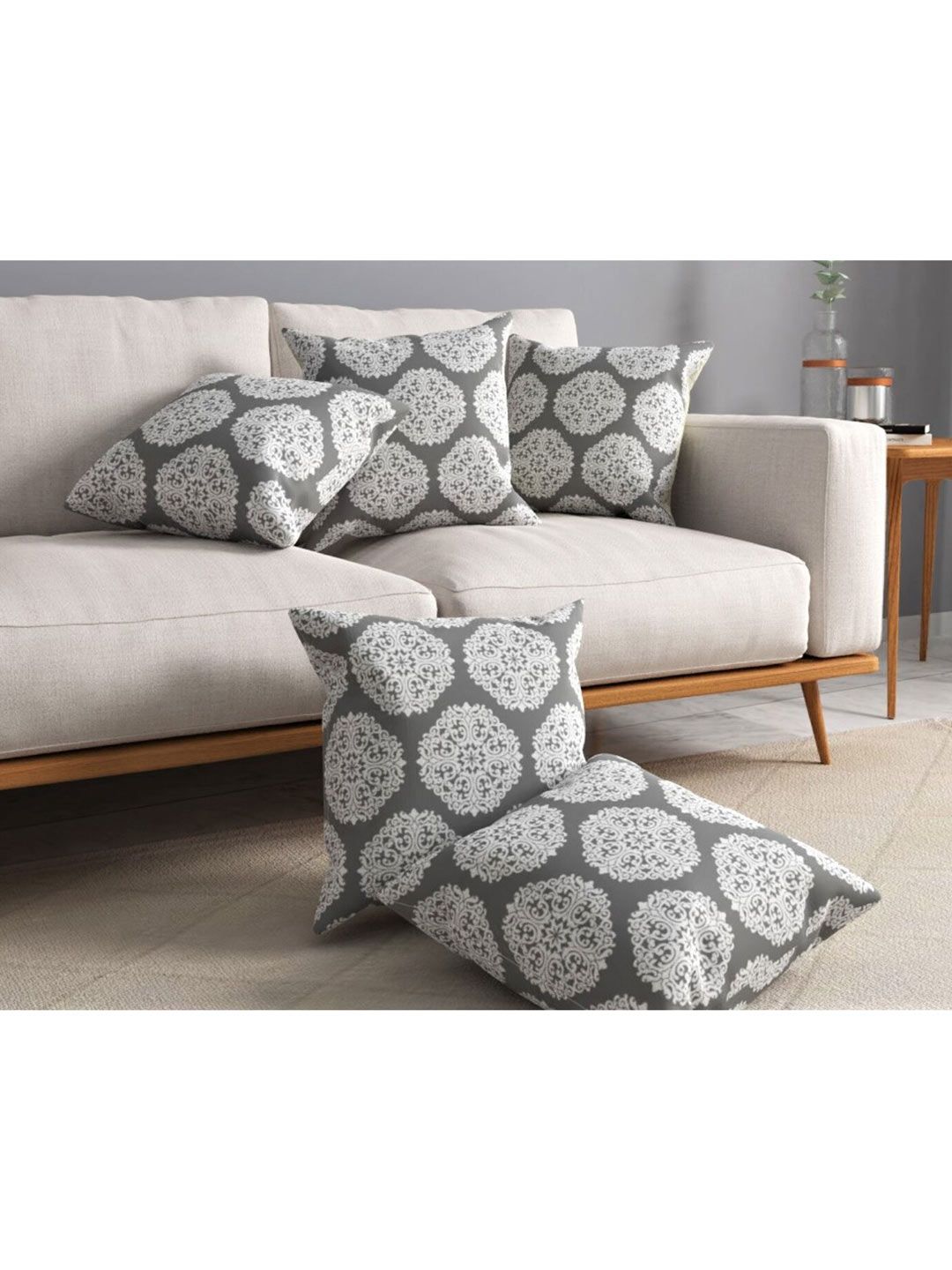 URBAN SPACE Grey & White Pack of 5 Printed  Square Cushion Covers Price in India