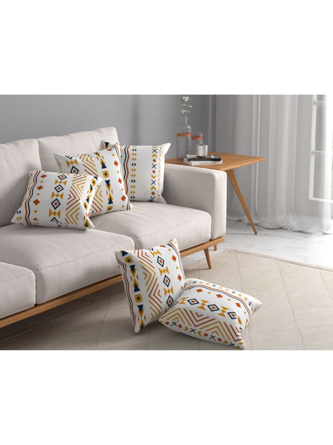 URBAN SPACE Orange & Off White Pack of 3 Printed Square Cushion Covers Price in India