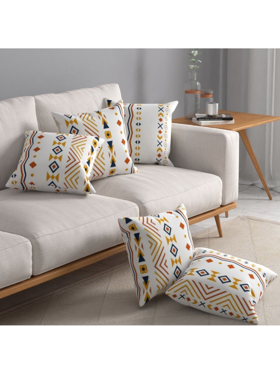 URBAN SPACE Orange & Off White Pack of 5 Printed Square Cushion Covers Price in India