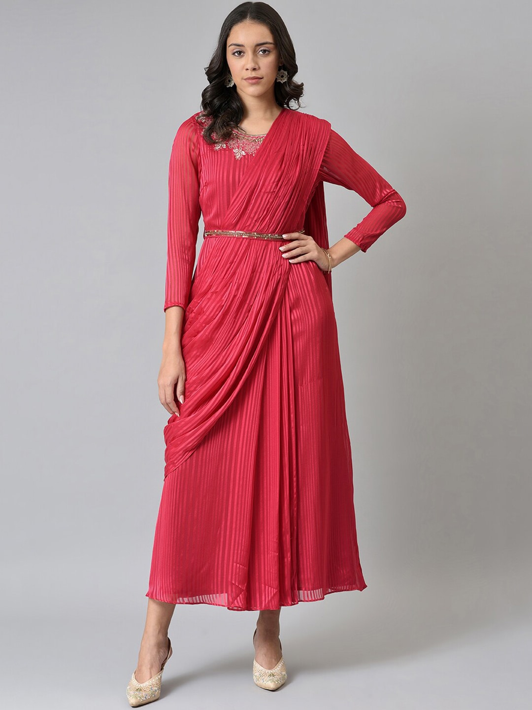 WISHFUL Red Striped Satin Ethnic Maxi Maxi Dress Price in India