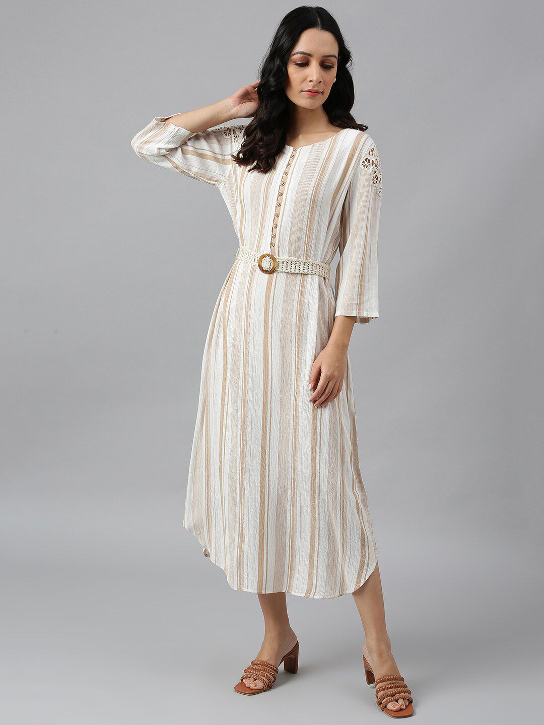 W White & Beige Striped Chiffon A-Line Midi Dress Price in India