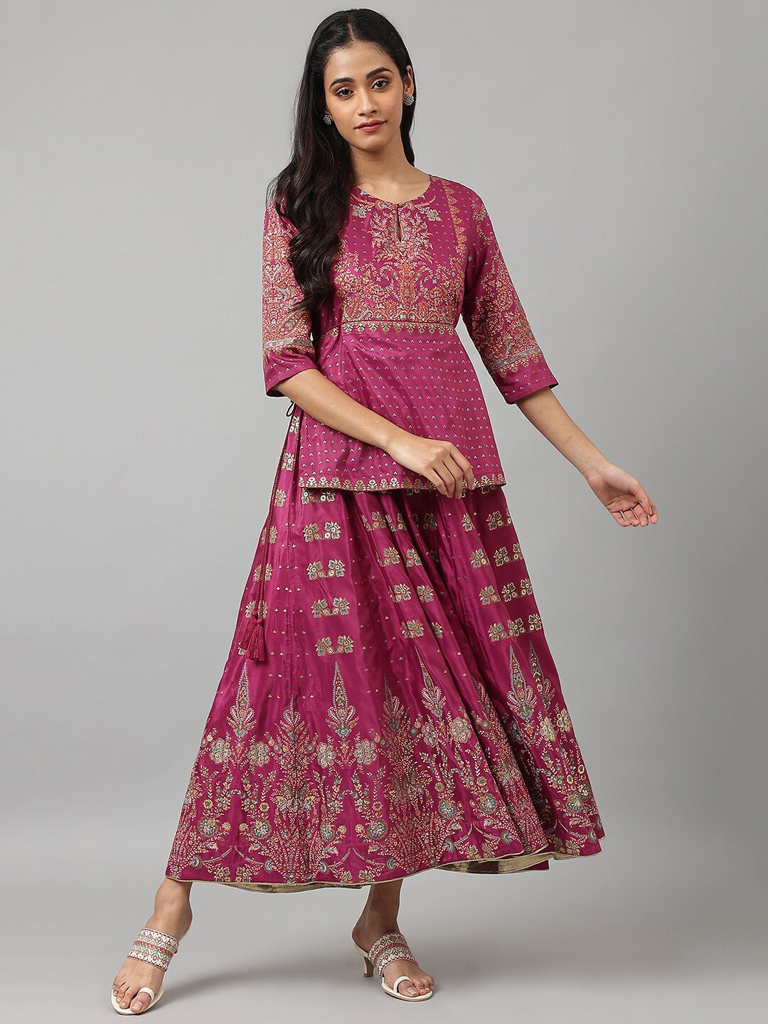 W Maroon & Gold-Toned Ethnic Motifs Satin Ethnic Maxi Maxi Dress Price in India