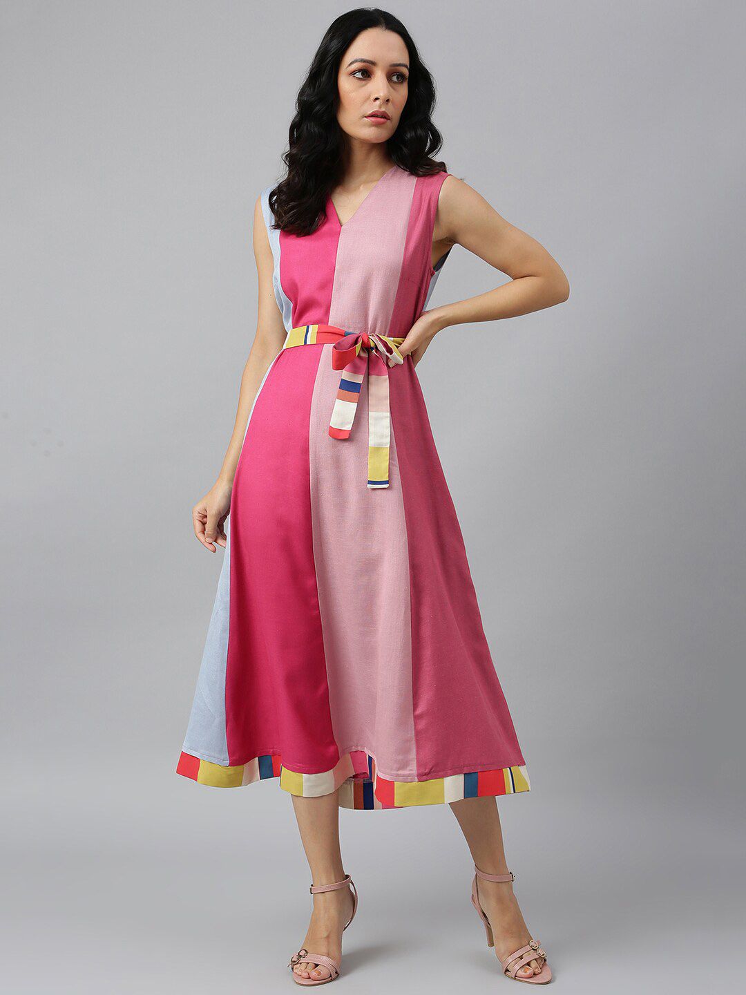 W Pink Colourblocked Chiffon Midi Dress Price in India