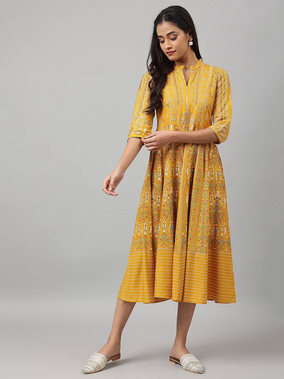 W Yellow Ethnic Motifs Chiffon Ethnic A-Line Midi Dress Price in India