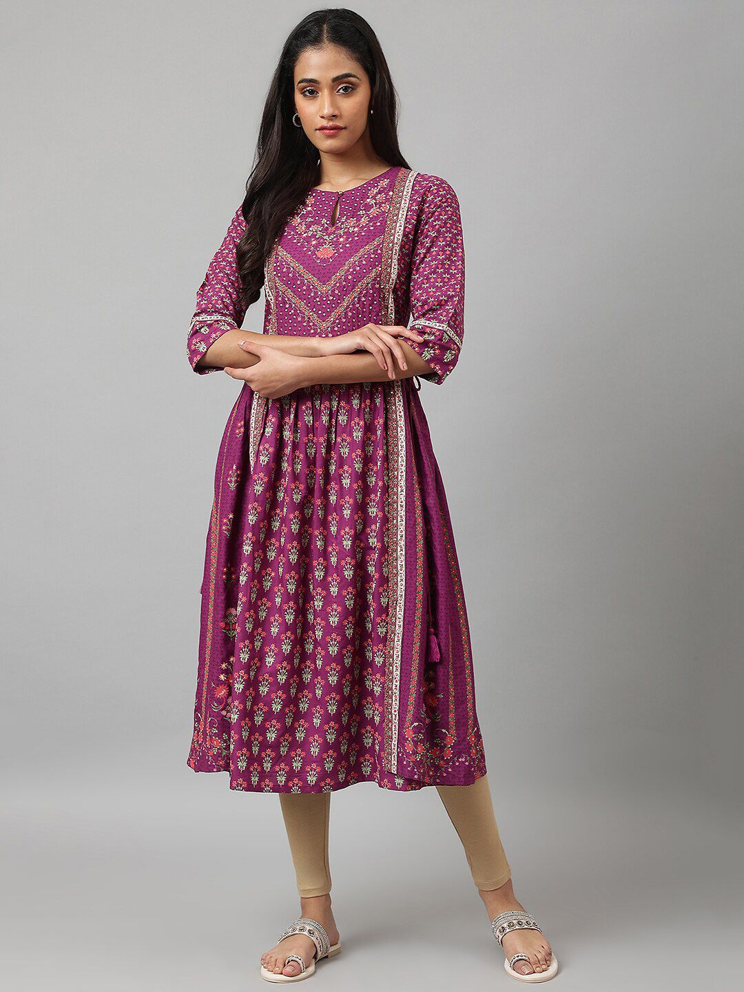 W Purple & Pink Floral Keyhole Neck Chiffon Ethnic A-Line Midi Dress Price in India