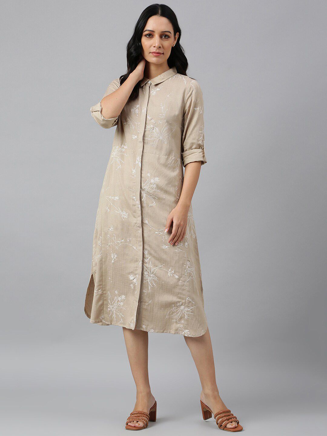 W Brown Floral Chiffon Shirt Midi Dress Price in India