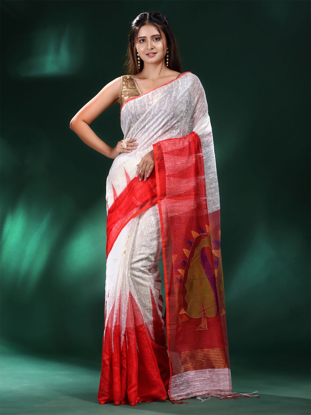 Charukriti White & Red Woven Design Pure Silk Saree Price in India