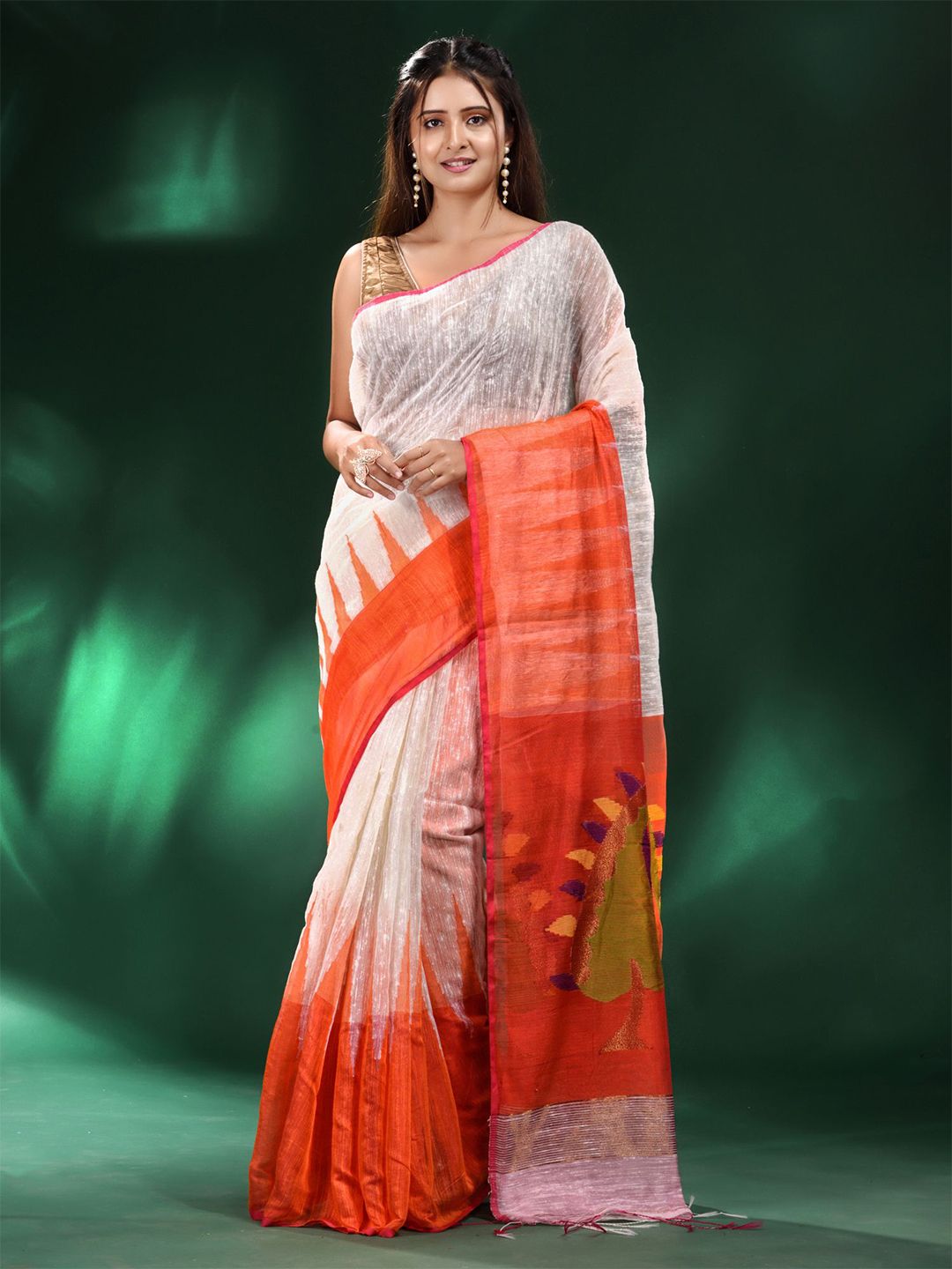 Charukriti White And Orange Woven Design Pure Silk Saree Price in India