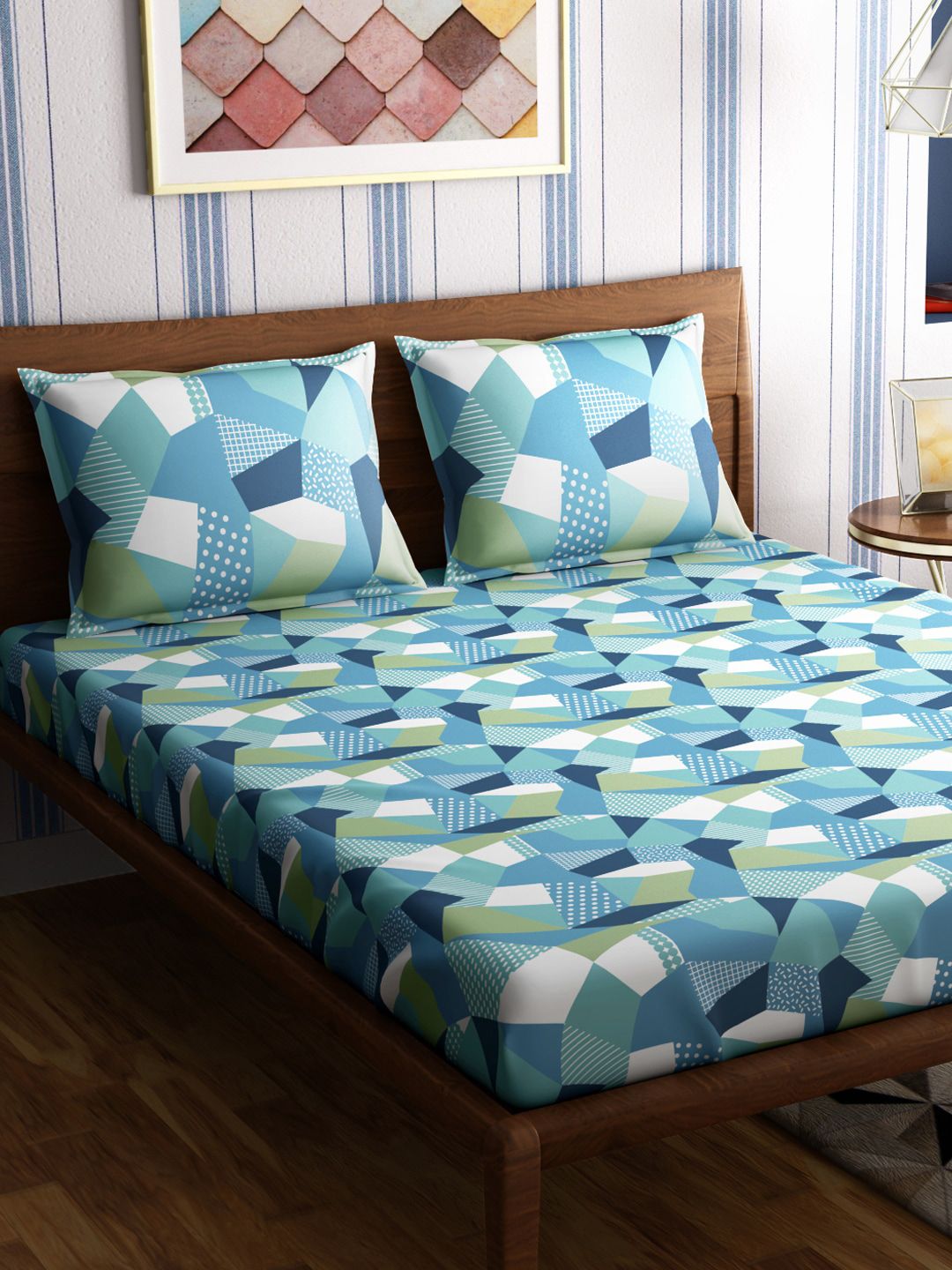 PETAL HOME Blue & Green Geometric 300 TC Cotton King Bedsheet with 2 Pillow Covers Price in India