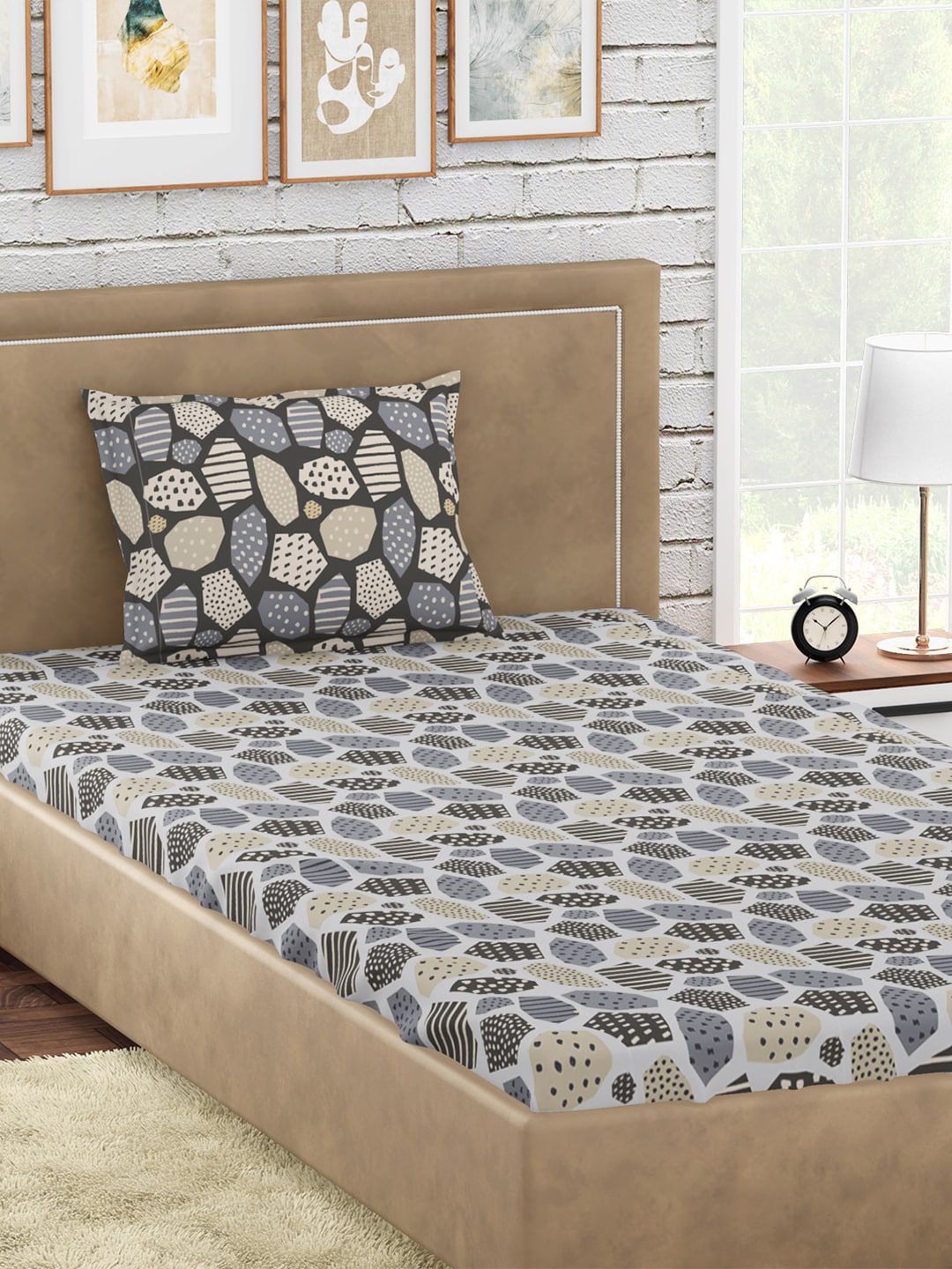 PETAL HOME Grey & Off White Geometric 300 TC Cotton Single Bedsheet with 1 Pillow Covers Price in India