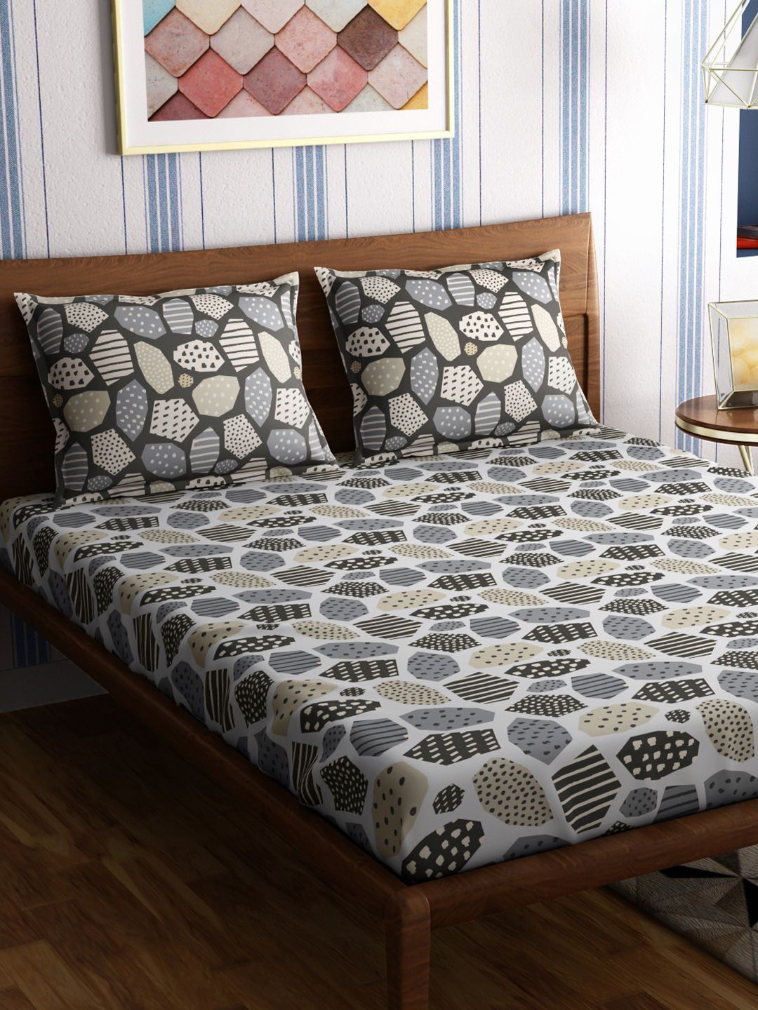 PETAL HOME Grey & Off White Geometric 300 TC Cotton King Bedsheet with 2 Pillow Covers Price in India