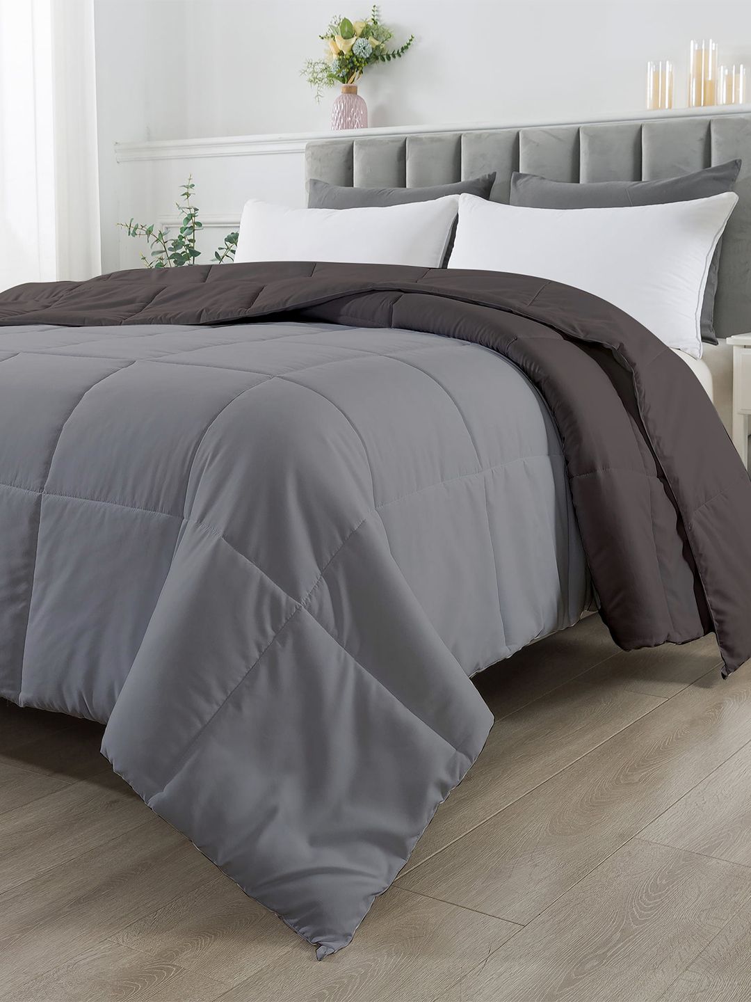RAZZAI Unisex Grey Solid 210 GSM Single Bed Reversible Comforter Price in India