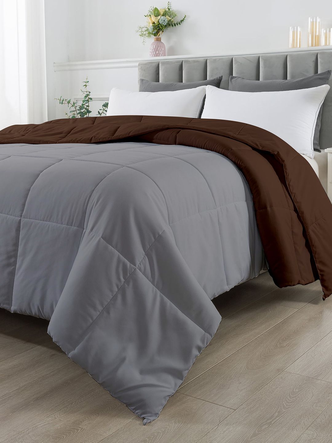 RAZZAI Unisex Coffee Brown Solid 210 GSM Single Bed Reversible Comforter Price in India