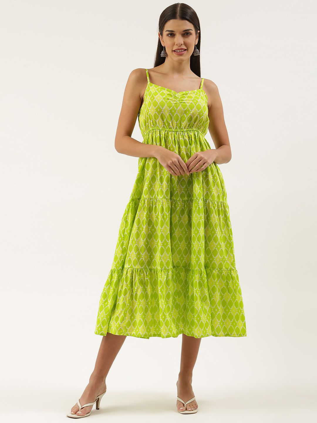 FABRIC FITOOR Lime Green Ethnic Motifs Ikat Printed A-Line Midi Dress Price in India