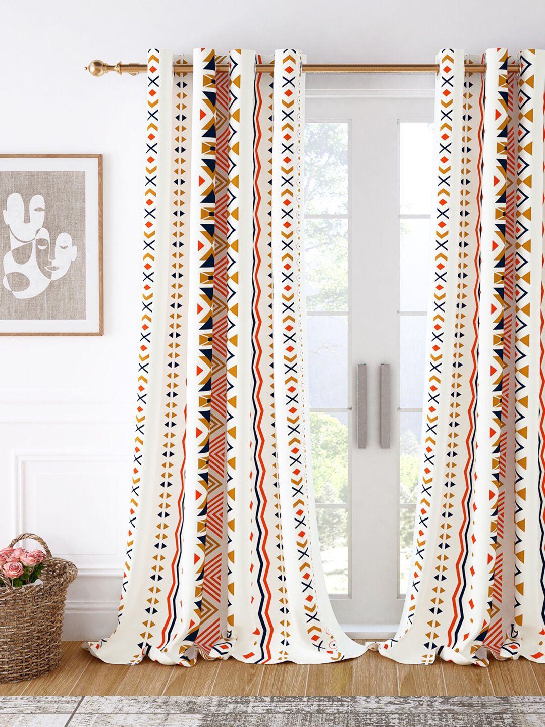 Story@home White & Orange Geometric Room Darkening Long Door Curtain Price in India