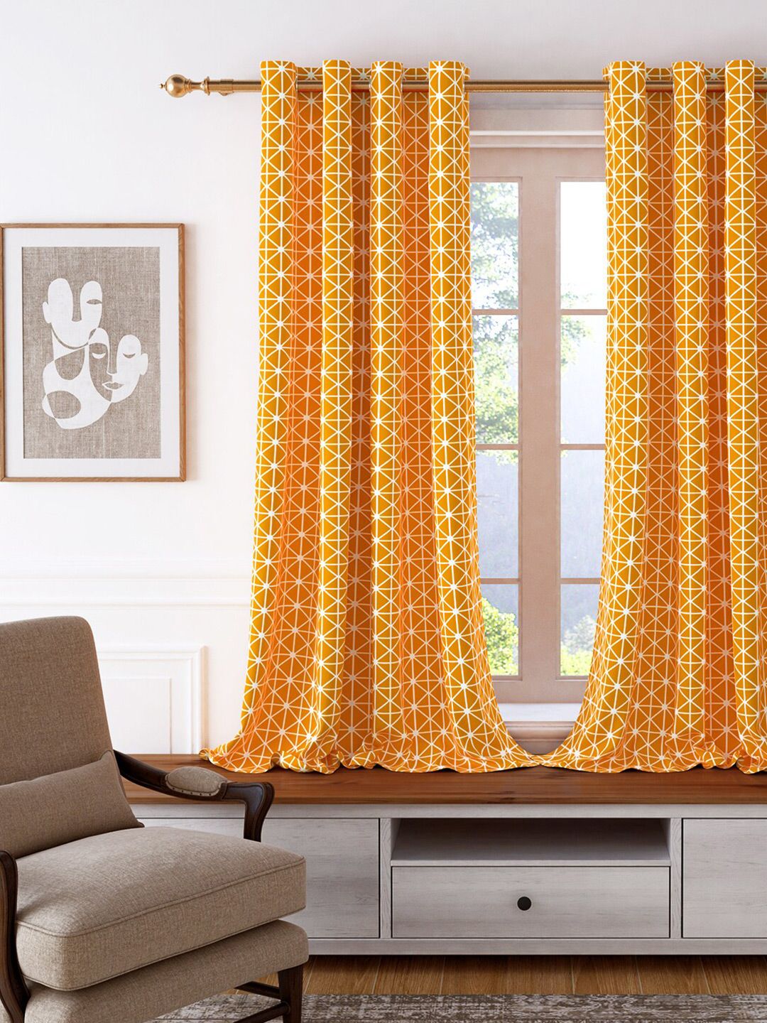 Story@home Orange & White Geometric Room Darkening Window Curtain Price in India