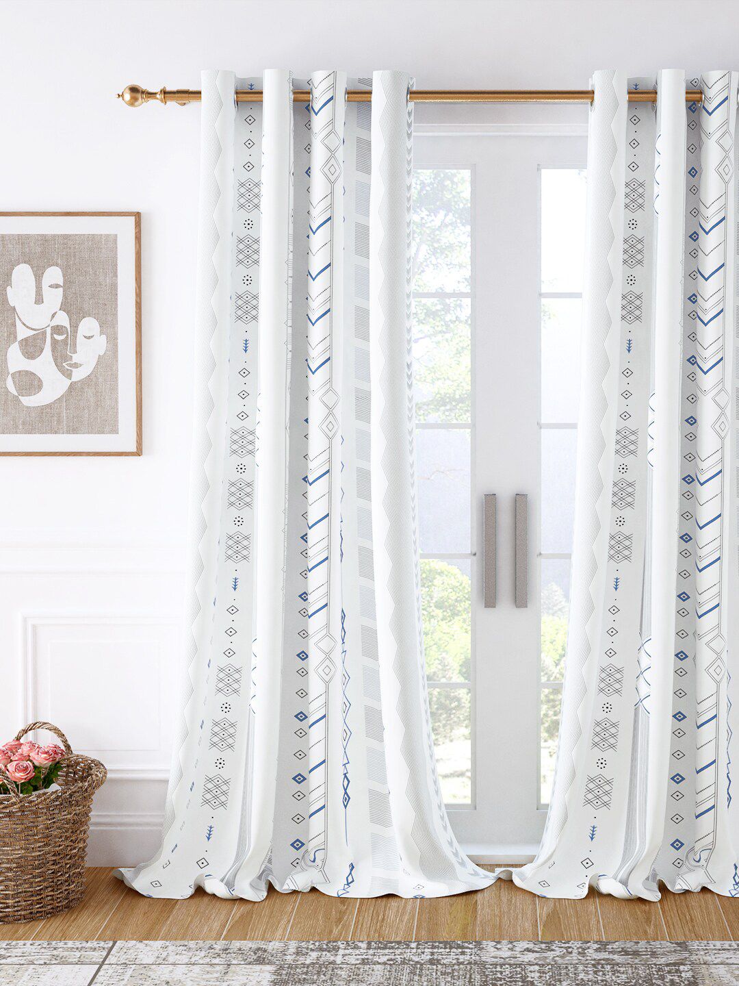 Story@home White & Blue Geometric Room Darkening Long Door Curtain Price in India