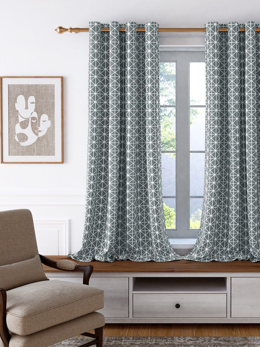 Story@home Grey & White Geometric Room Darkening Window Curtain Price in India