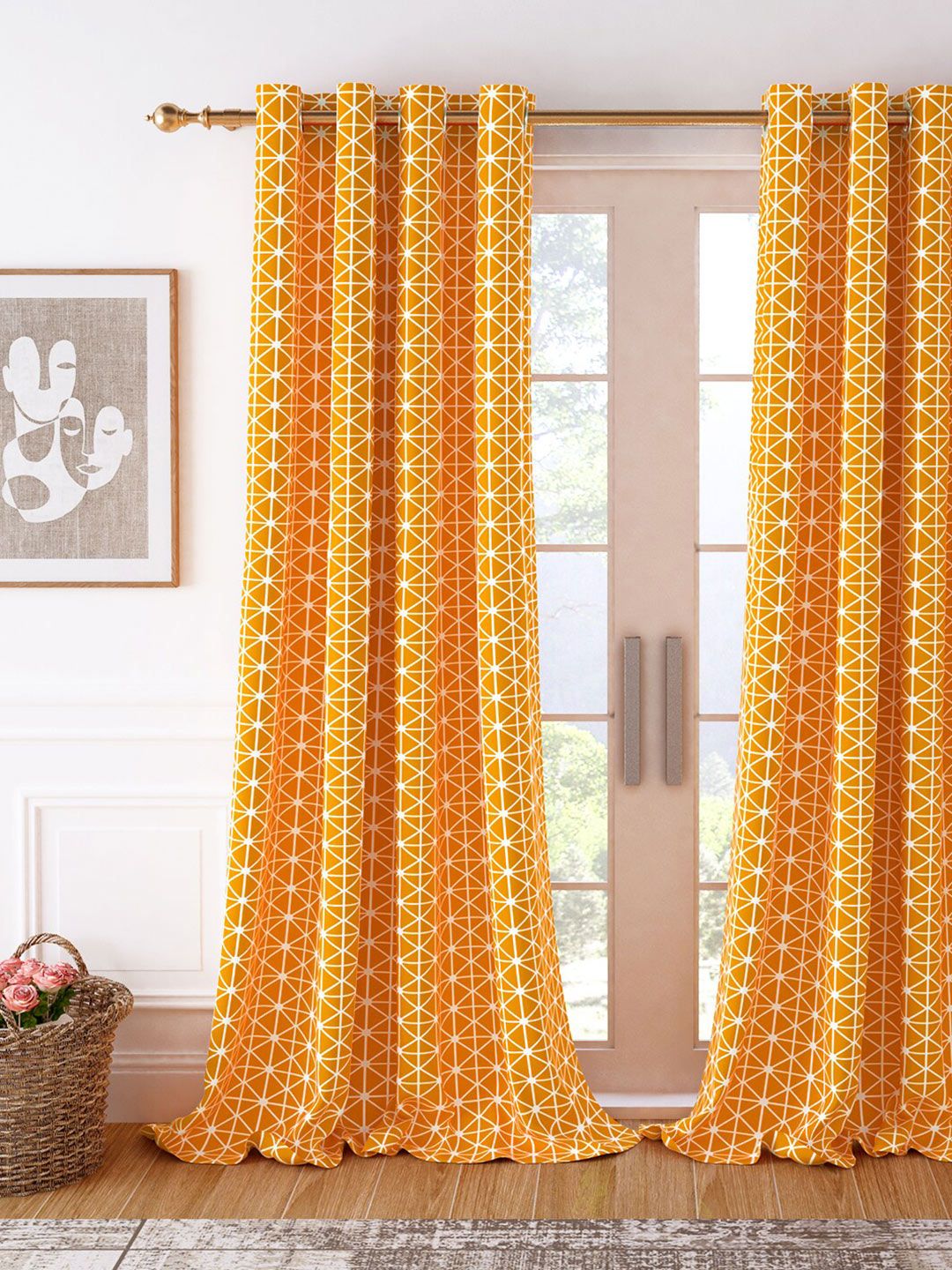 Story@home Orange & White Geometric Room Darkening Long Door Curtain Price in India