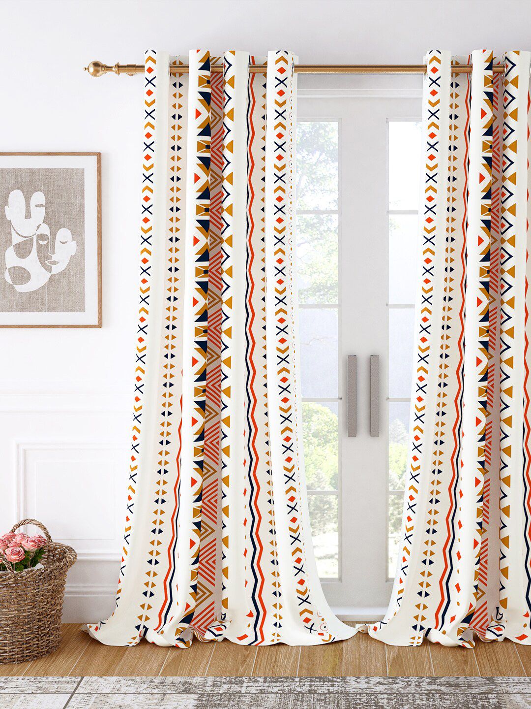 Story@home White & Orange Geometric Room Darkening Door Curtain Price in India