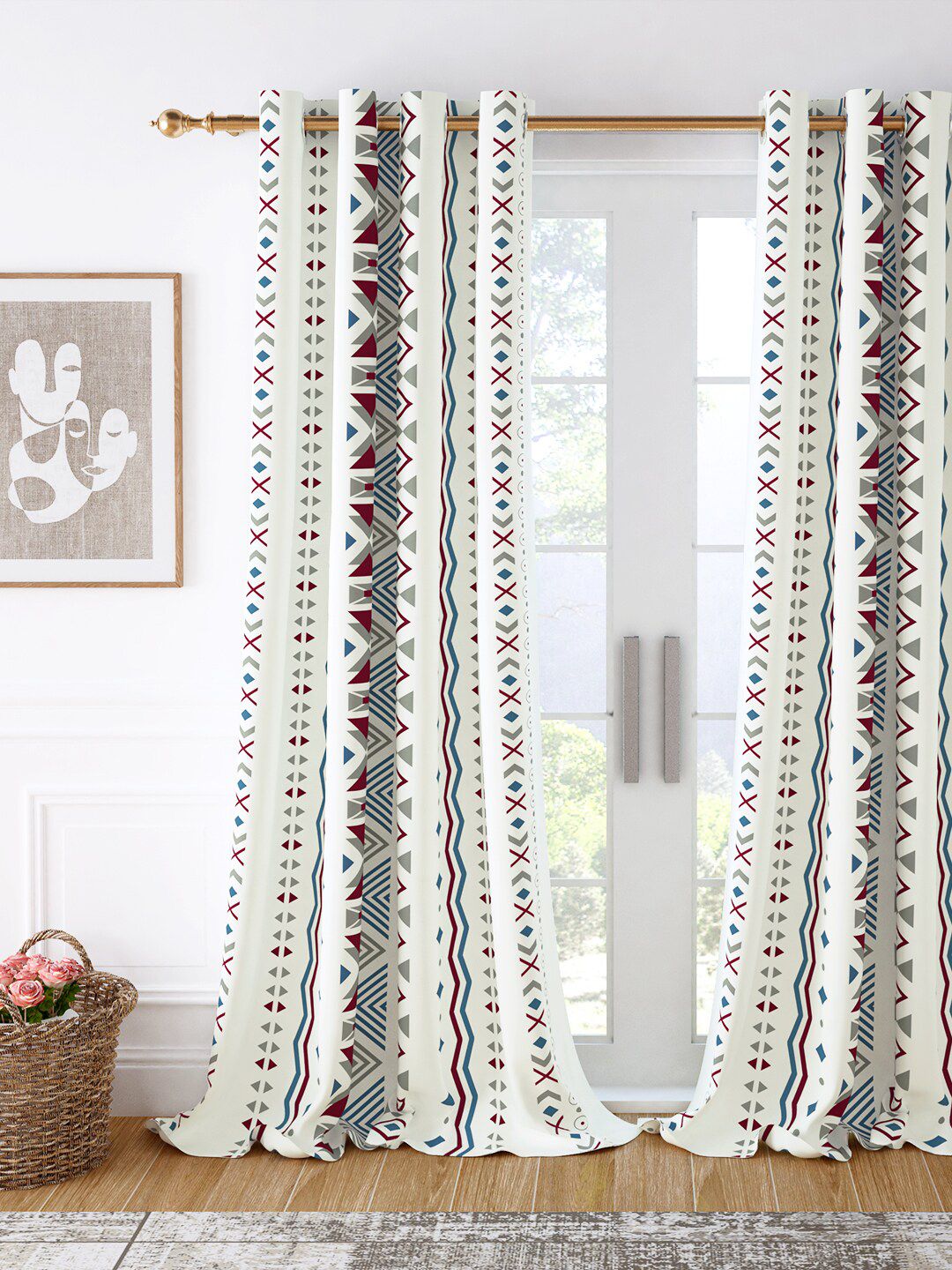 Story@home White & Grey Geometric Room Darkening Long Door Curtain Price in India