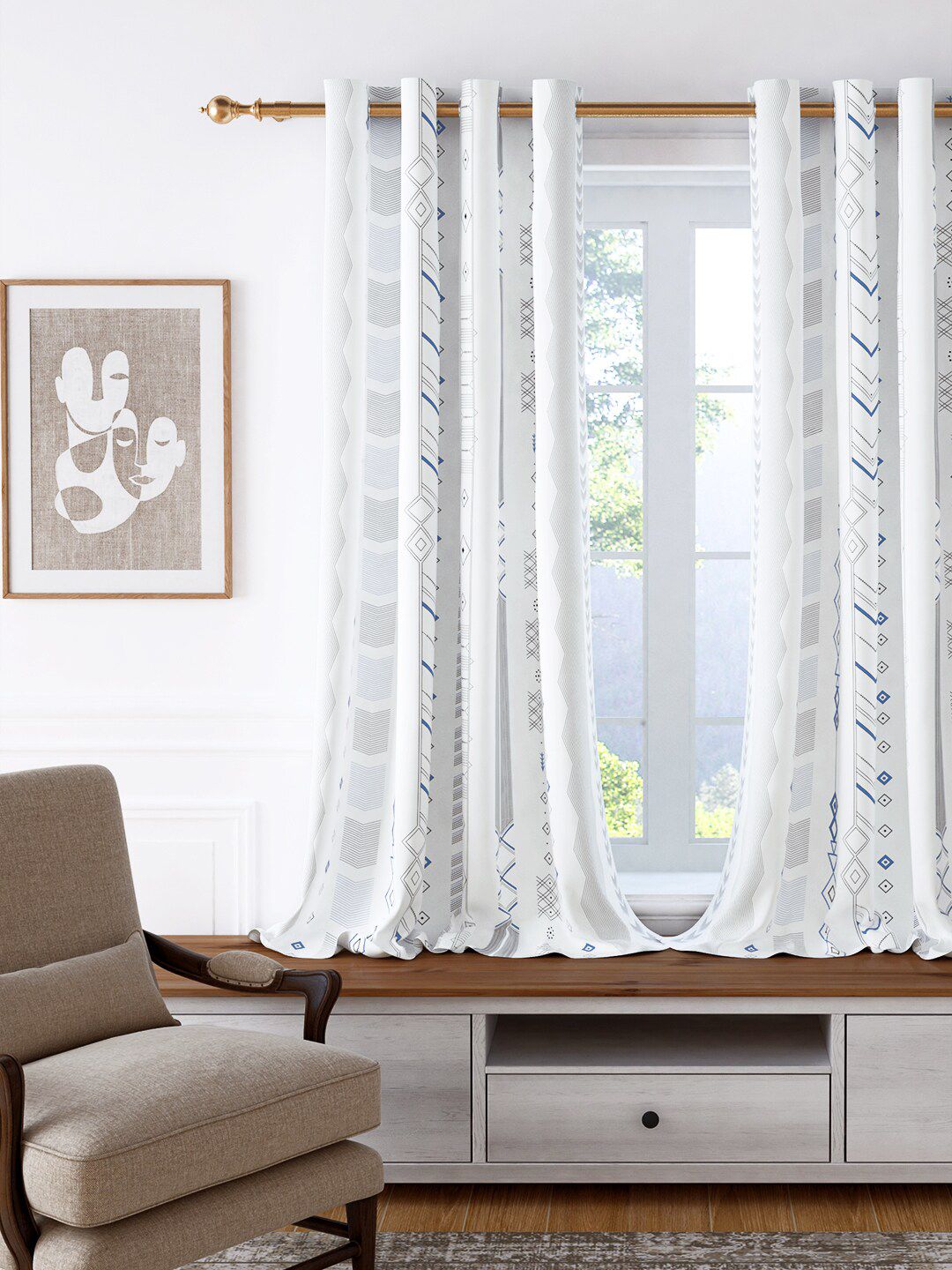 Story@home White & Blue Geometric Room Darkening Window Curtain Price in India