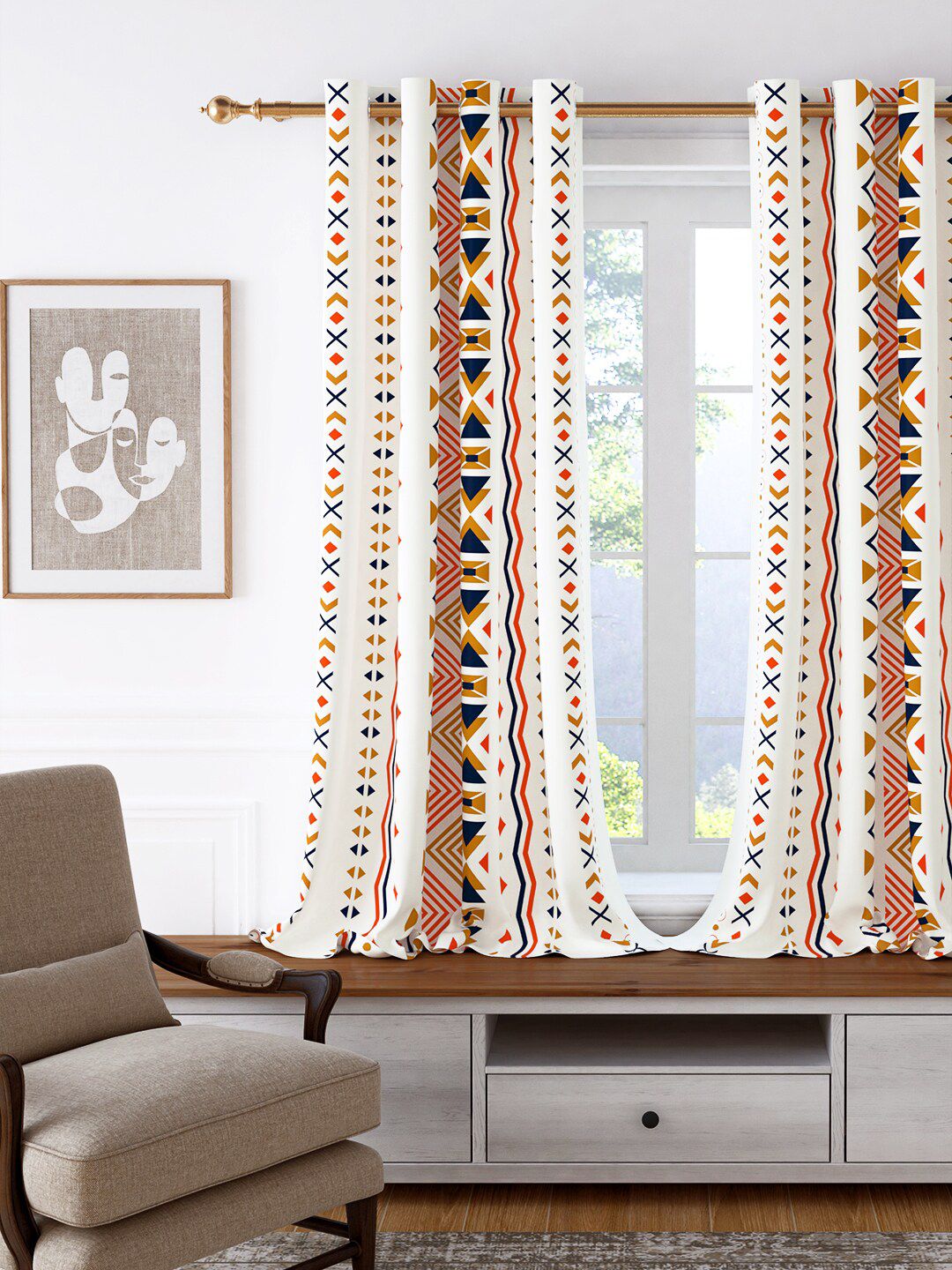 Story@home White & Orange Geometric Room Darkening Window Curtain Price in India