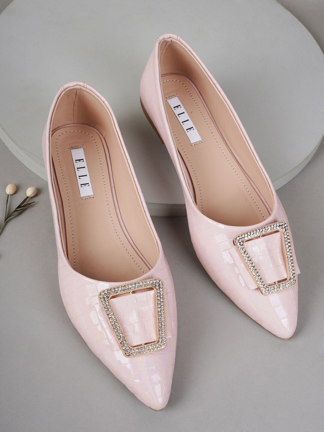 ELLE Women Nude-Coloured Solid Embellished Ballerinas Flats