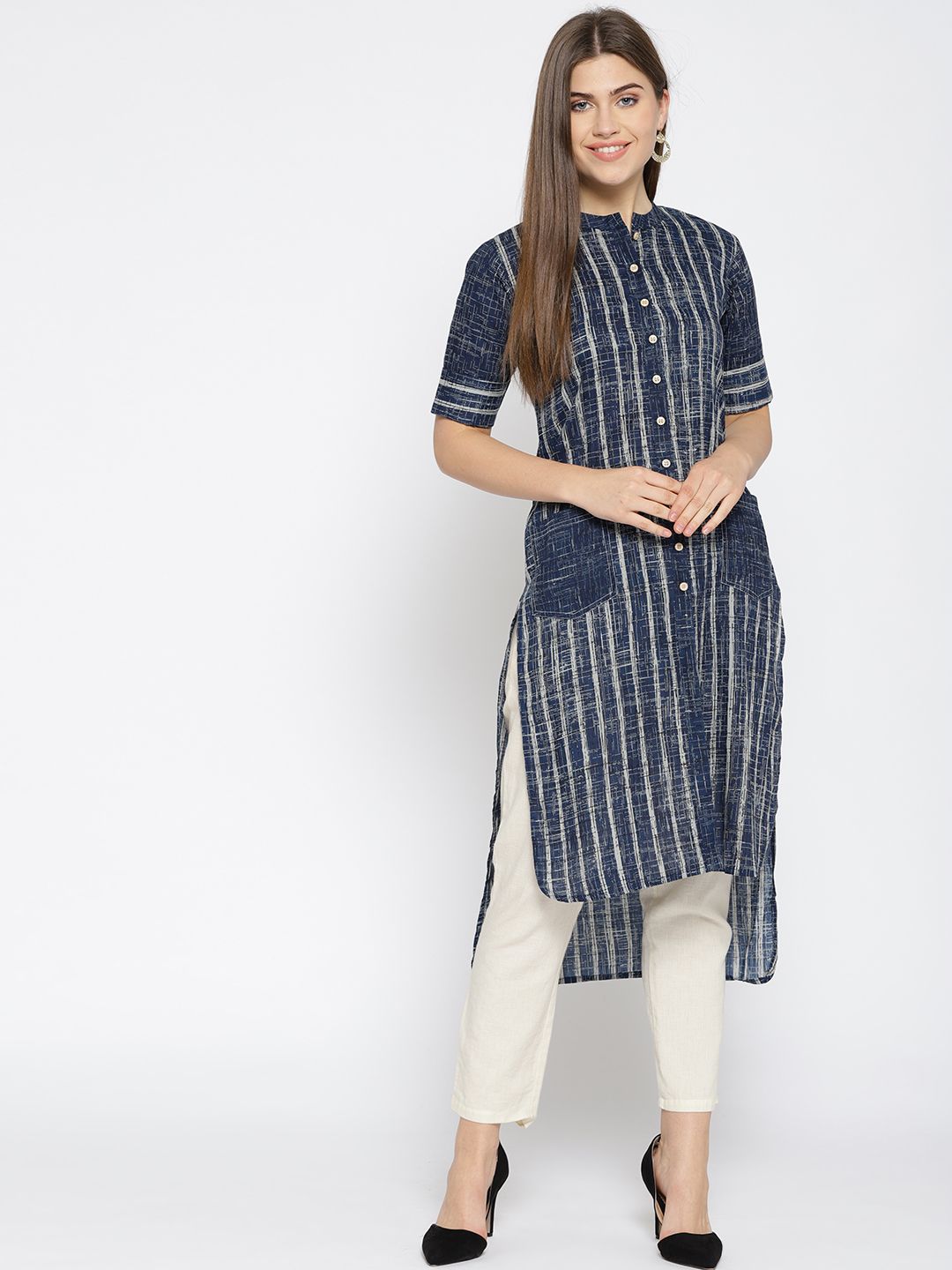 Indibelle Women Blue Striped Straight Kurta Price in India