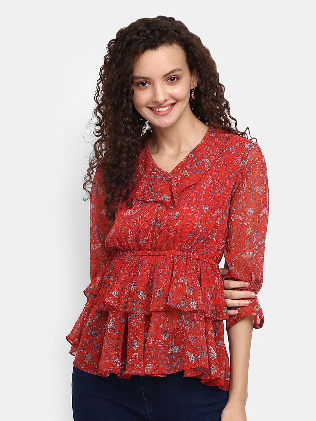 V-Mart Red Floral Printed Empire Top Price in India