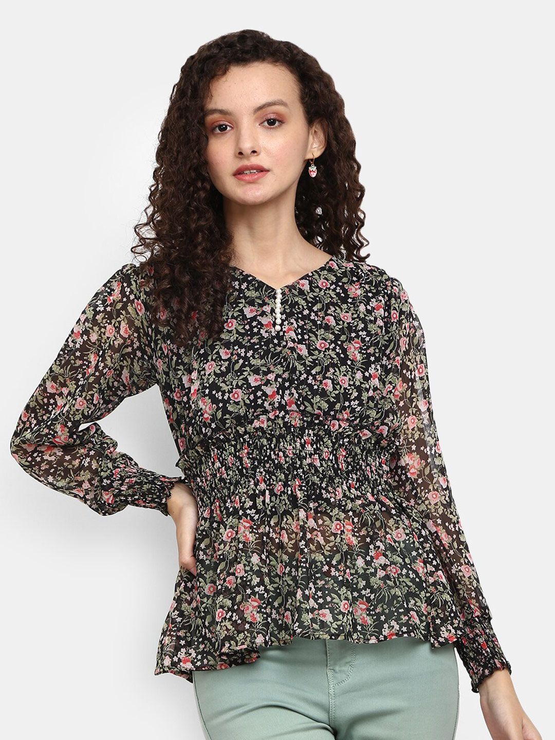 V-Mart Women Black & Green Floral Printed Pure Cotton Cinched Waist Top Price in India