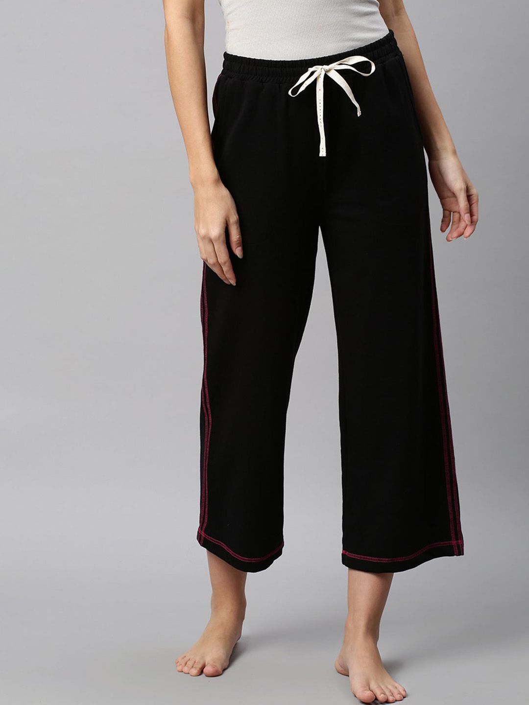 Chemistry Women Black Solid Pure Cotton Lounge Pants Price in India