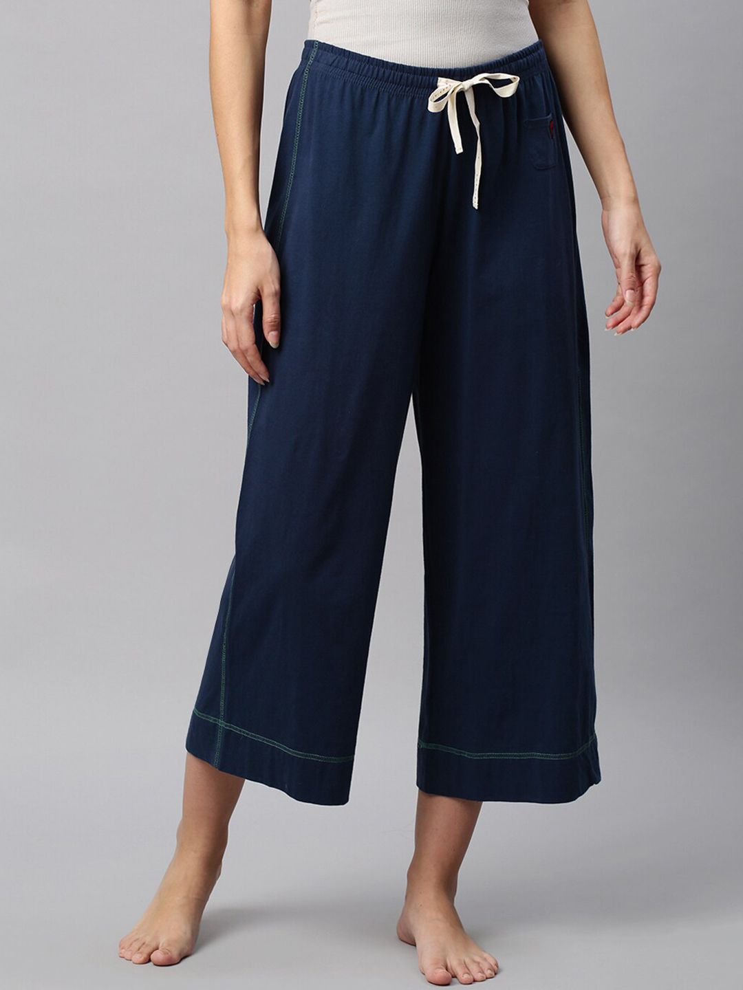 Chemistry Women Navy-Blue Solid Pure Cotton Lounge Pants Price in India