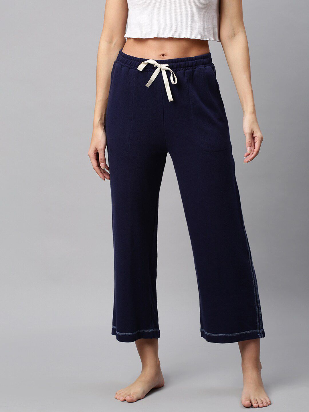 Chemistry Women Navy-Blue Solid Pure Cotton Lounge Pant Price in India