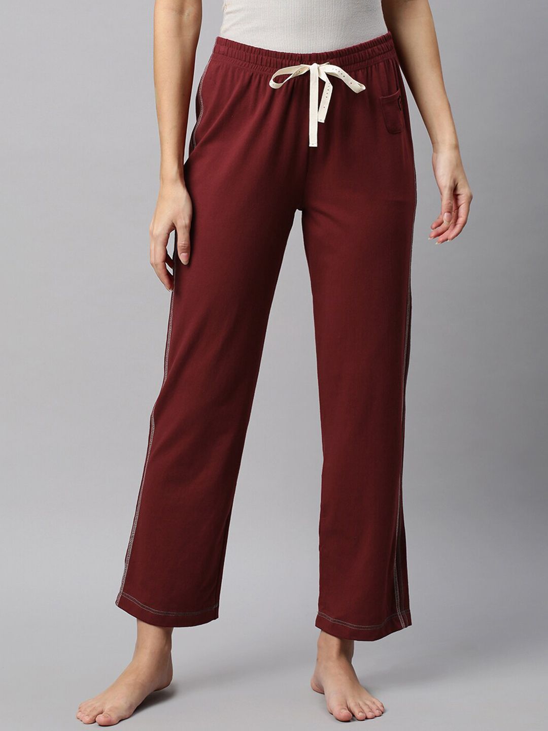 Chemistry Women Burgundy Solid Pure Cotton Lounge Pants Price in India