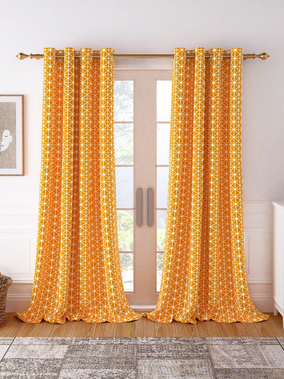 Story@home Set of 2 Orange & White Geometric Room Darkening Long Door Curtain Price in India