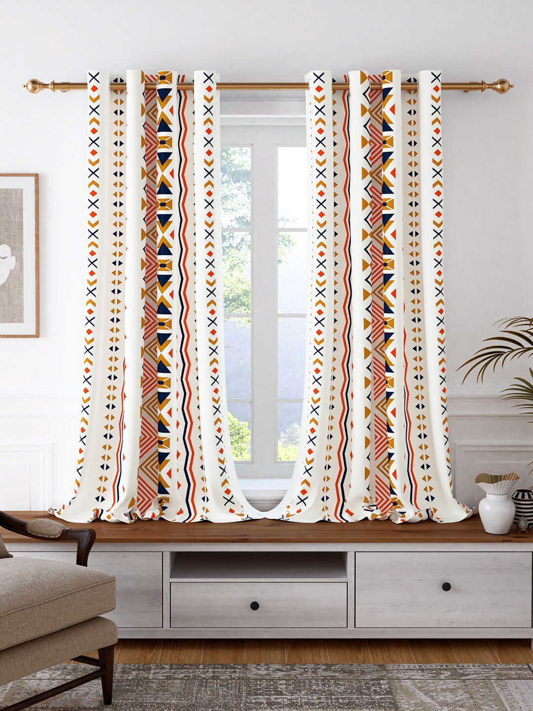 Story@home Set of 2 White & Mustard Geometric Room Darkening Window Curtain Price in India