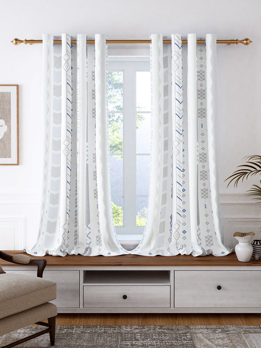 Story@home Set of 2 White & Blue Geometric Room Darkening Window Curtain Price in India