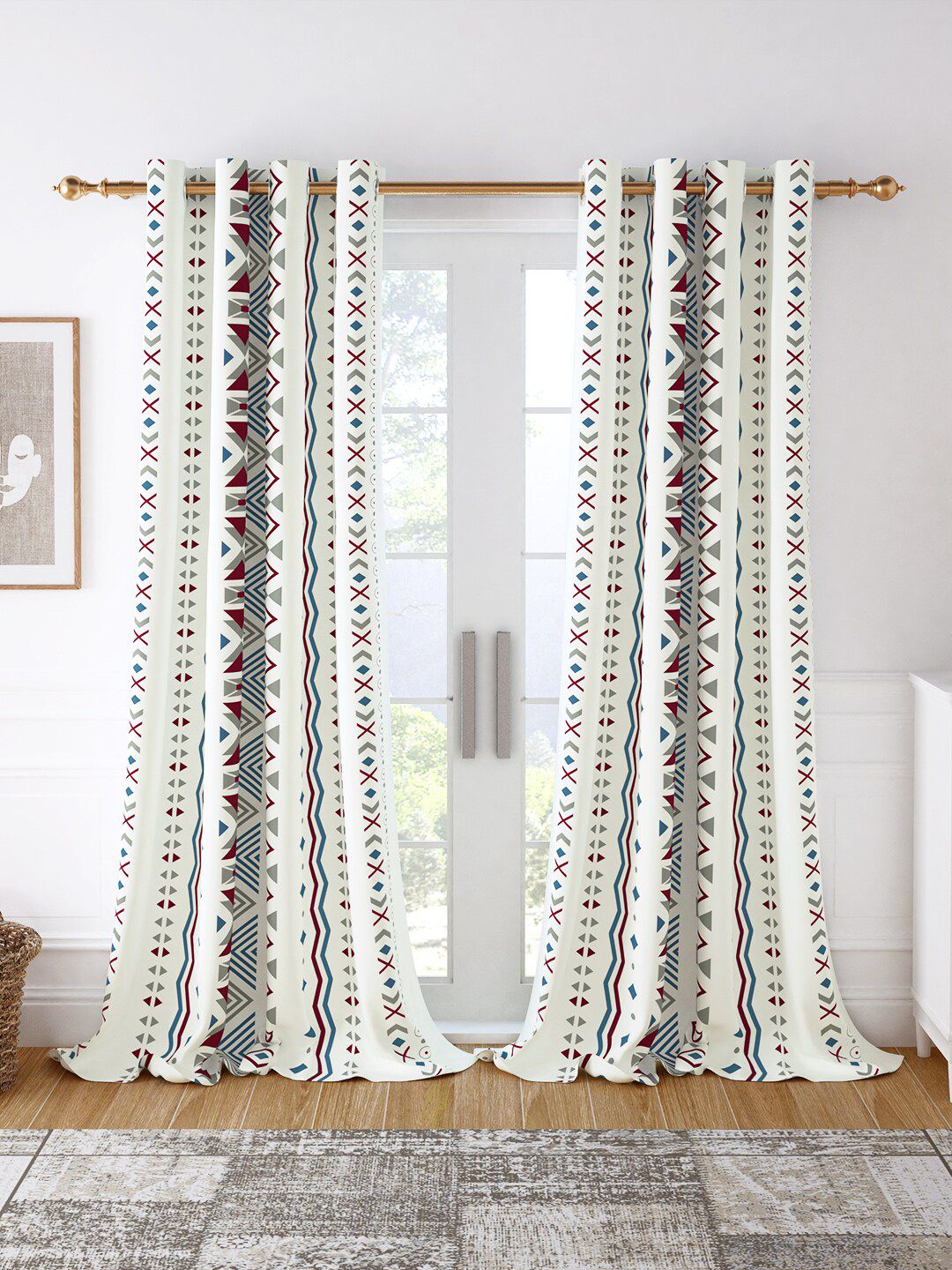 Story@home Set of 2 White & Grey Geometric Room Darkening Long Door Curtain Price in India