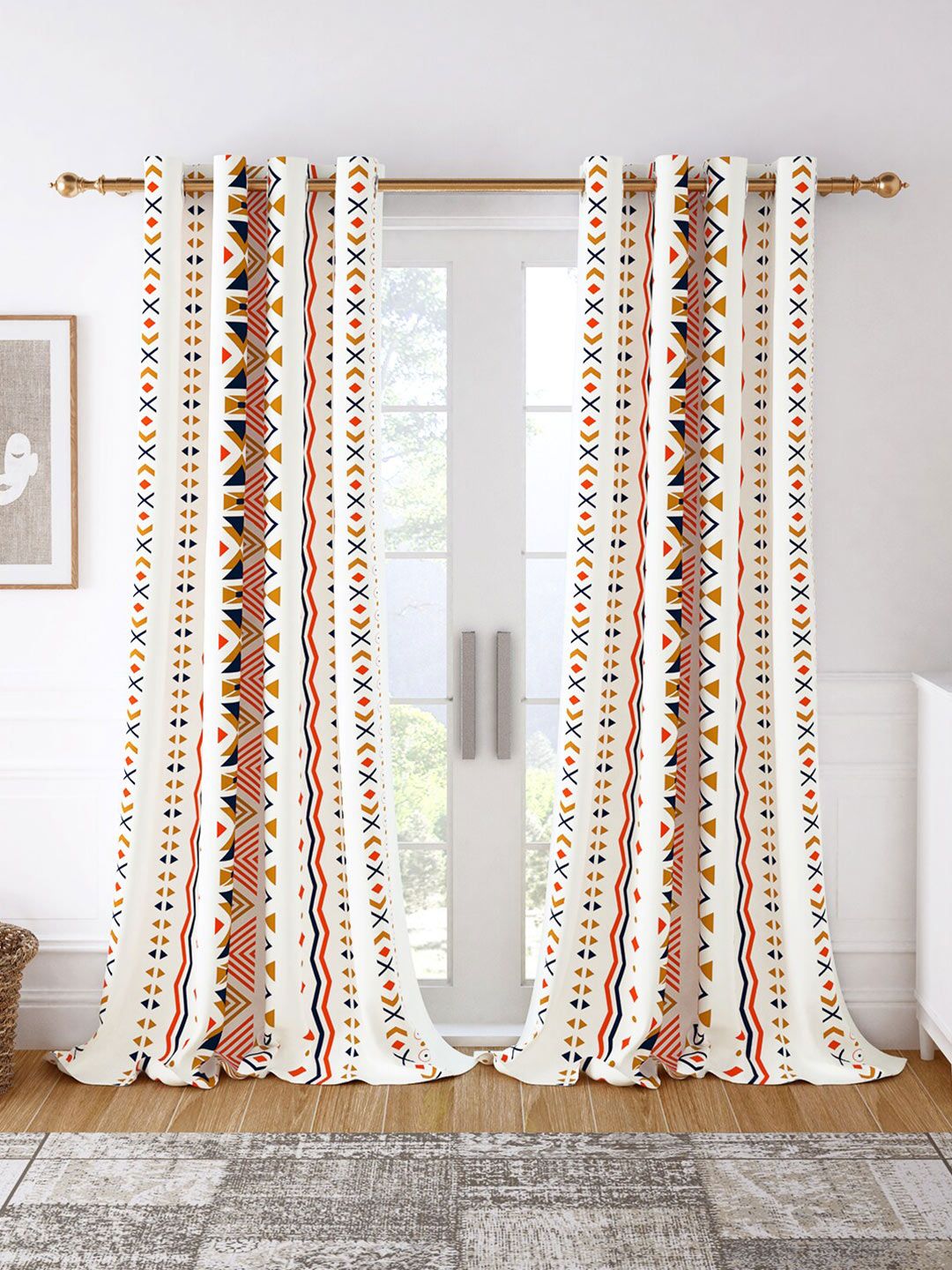 Story@home Set of 2 White & Mustard Geometric Room Darkening Door Curtain Price in India