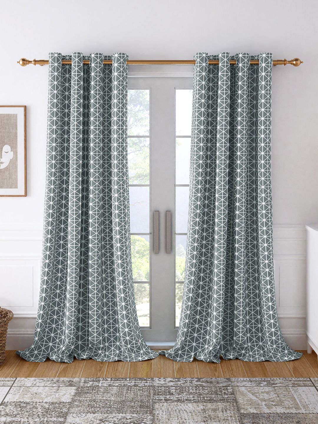 Story@home Set of 2 Grey & White Geometric Room Darkening Door Curtain Price in India