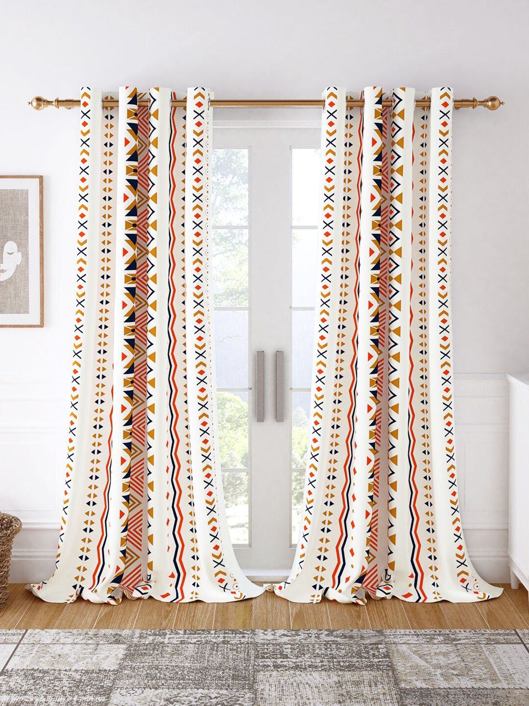 Story@home Set of 2 White & Mustard Geometric Room Darkening Long Door Curtain Price in India