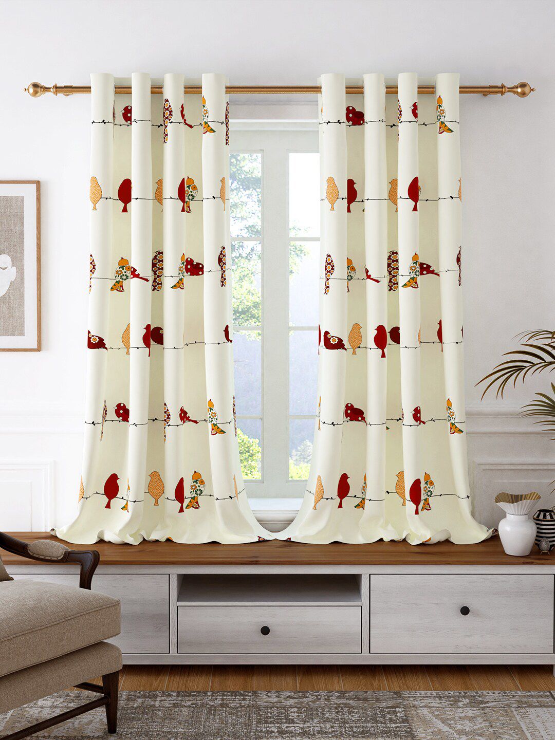 Story@home Set of 2 White & Red Quirky Room Darkening Window Curtain Price in India