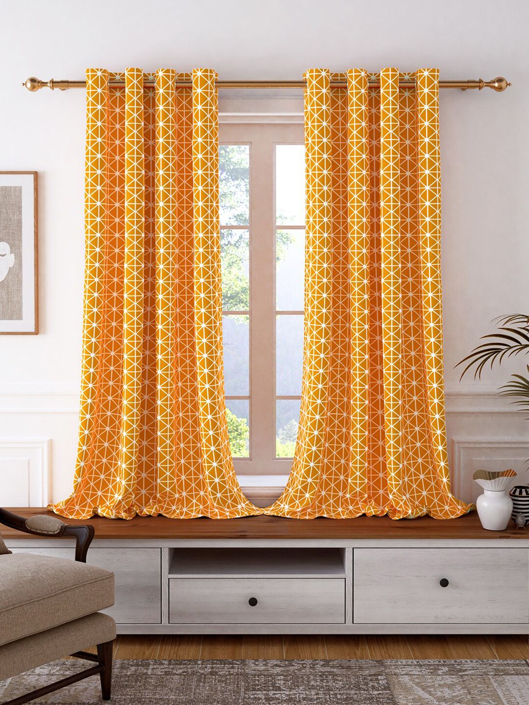 Story@home Set of 2 Orange & White Geometric Room Darkening Window Curtain Price in India