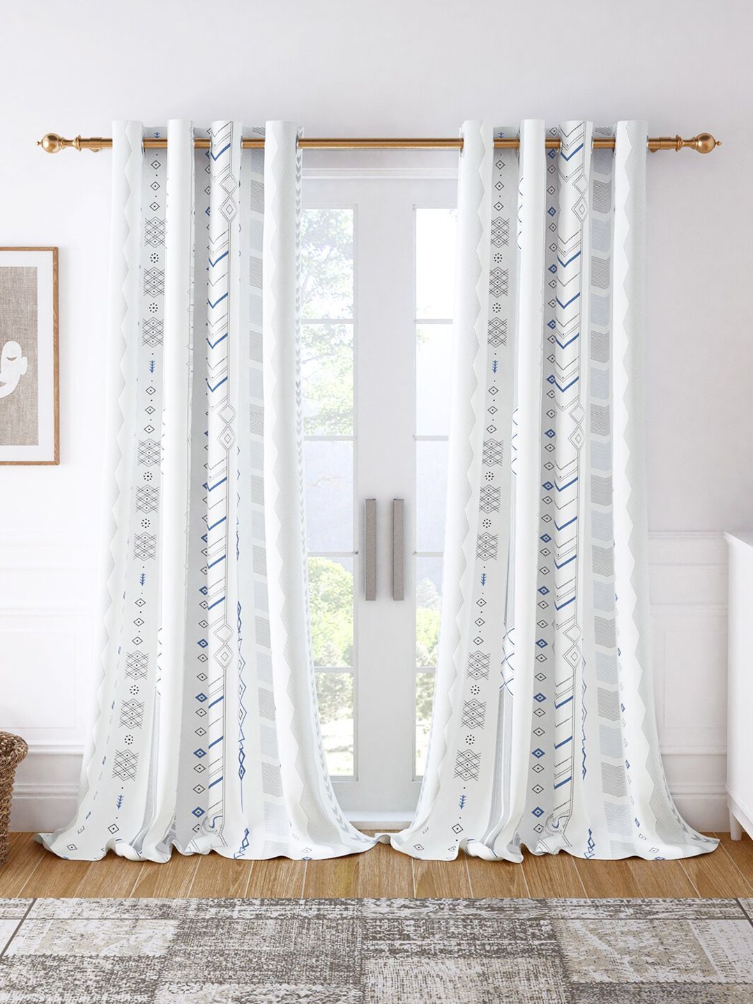 Story@home Set of 2 White & Blue Geometric Room Darkening Long Door Curtain Price in India