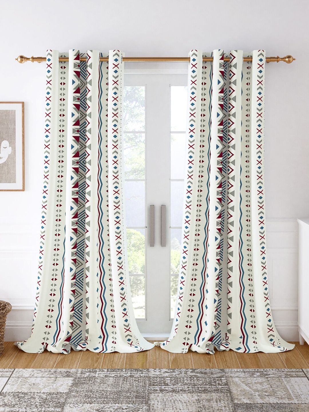 Story@home Set of 2 White & Grey Geometric Room Darkening Door Curtain Price in India