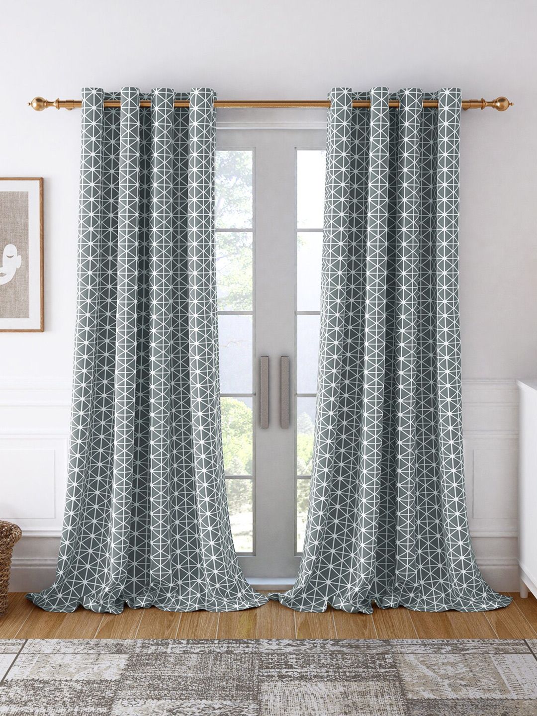 Story@home Set of 2 Grey & White Geometric Cotton Room Darkening Long Door Curtain Price in India