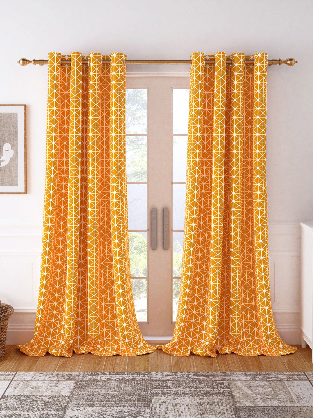 Set of 2 Cotton Door Curtain Story@home Orange & White Set of 2 Geometric Cotton Room Darkening Door Curtain